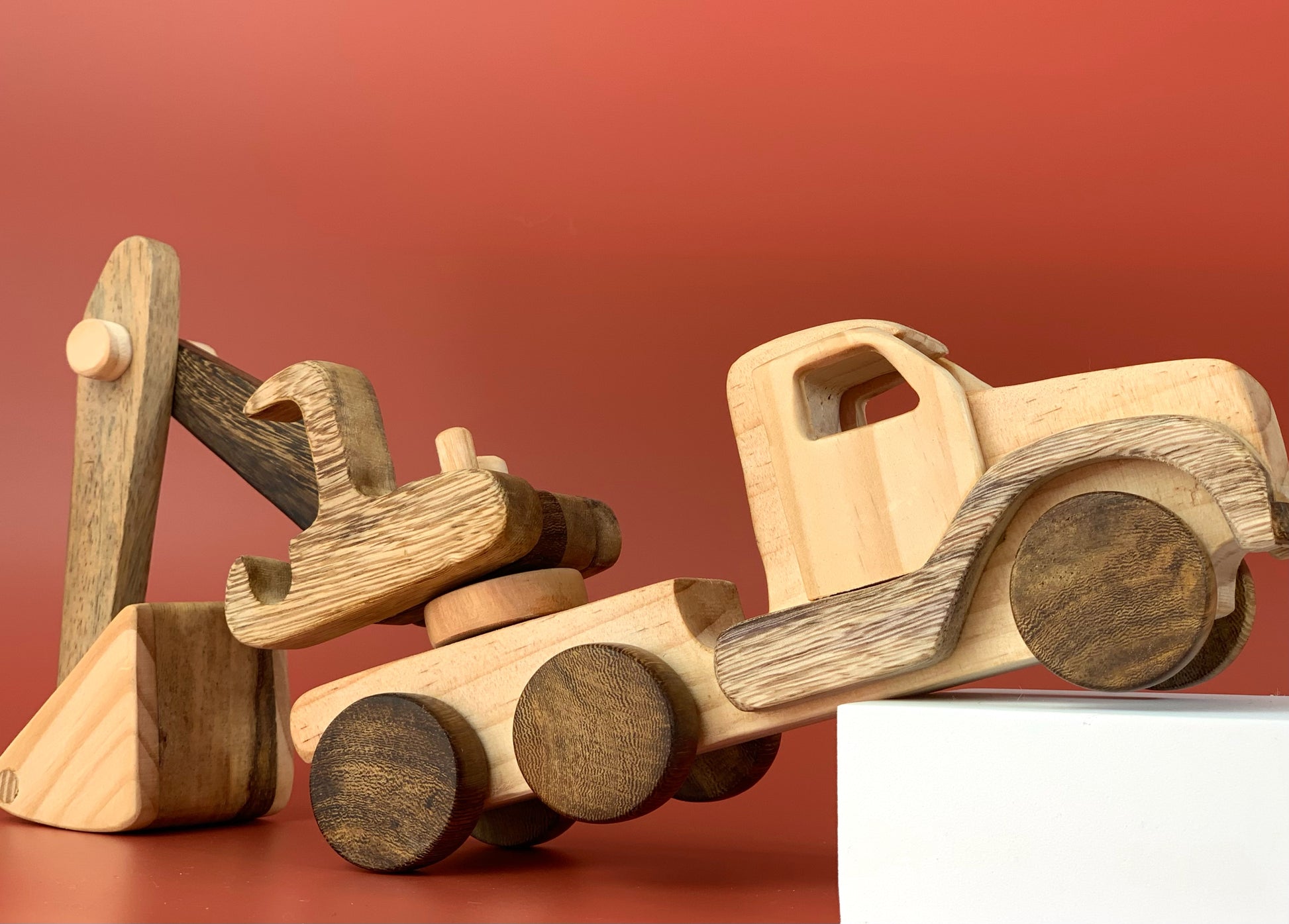 Wooden Excavator Push Car on wheels - My first wooden toy