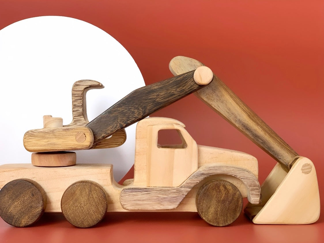 Wooden Excavator Push Car on wheels - My first wooden toy